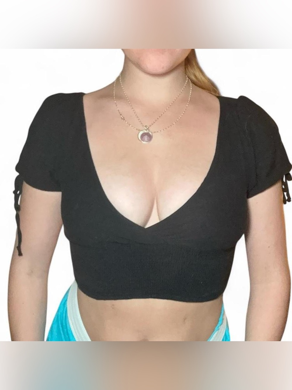 Kendall & Kylie Black Short Sleeve Deep V Crop Top